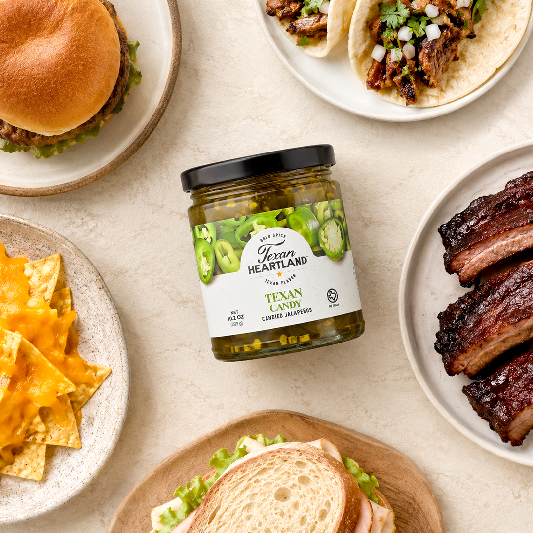 Texan Candy Candied Jalapeños with burgers, tacos, nachos, barbecue and sandwiches