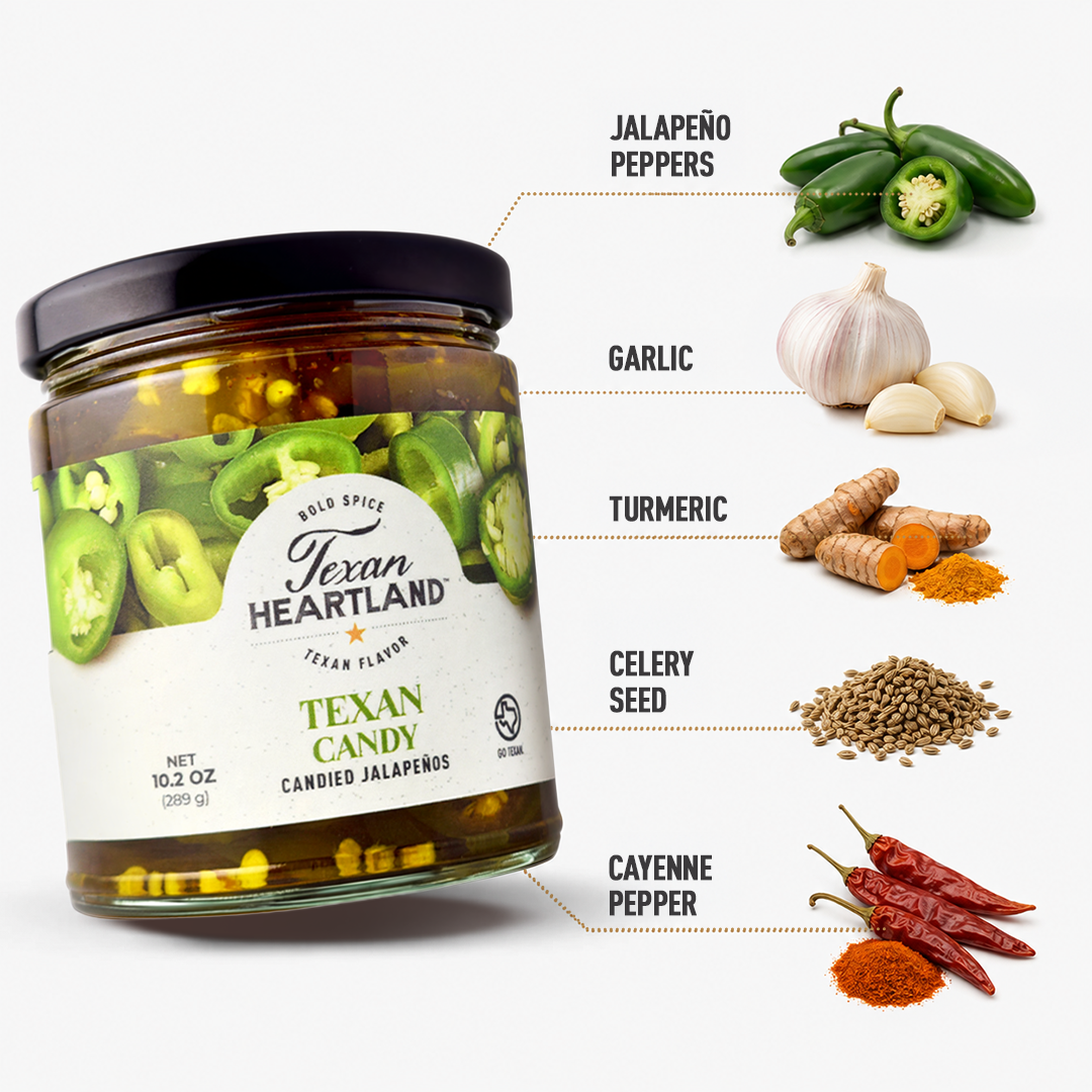 Texan Candy ingredients with jalapeño peppers, garlic, turmeric, celery seed and cayenne pepper