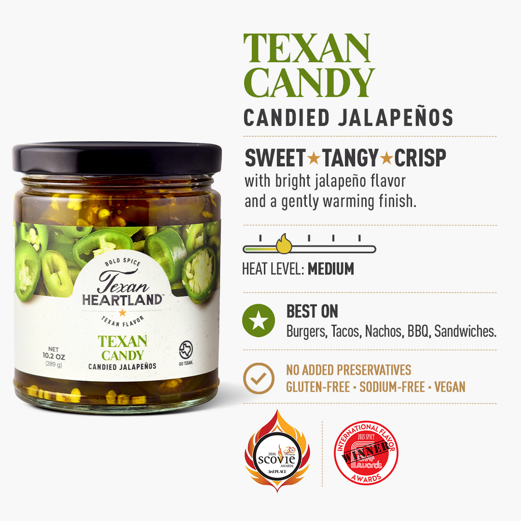 Texan Candy Candied Jalapeños flavor, medium heat, best uses, claims and awards