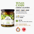 Texan Candy Candied Jalapeños flavor, medium heat, best uses, claims and awards