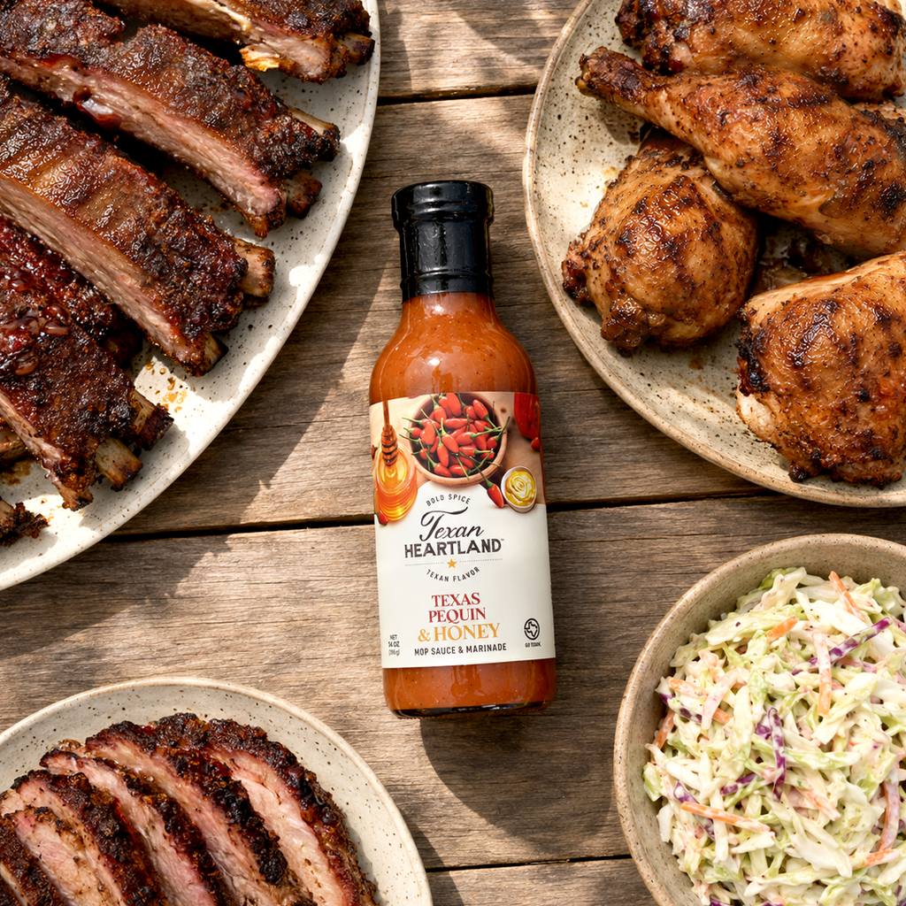 Texas Pequin & Honey mop sauce with ribs, grilled chicken and smoked meats