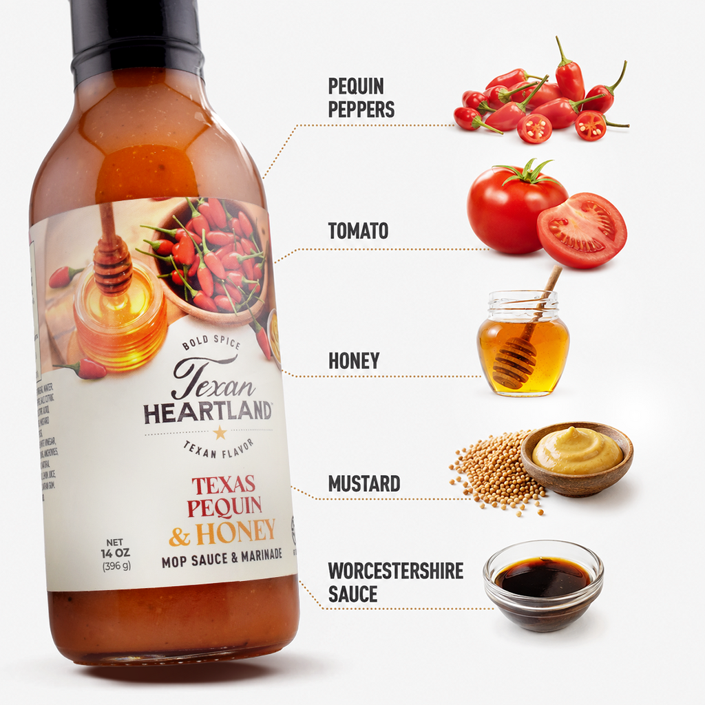 Texas Pequin & Honey ingredients with pequin peppers, tomato, honey, mustard and Worcestershire sauce