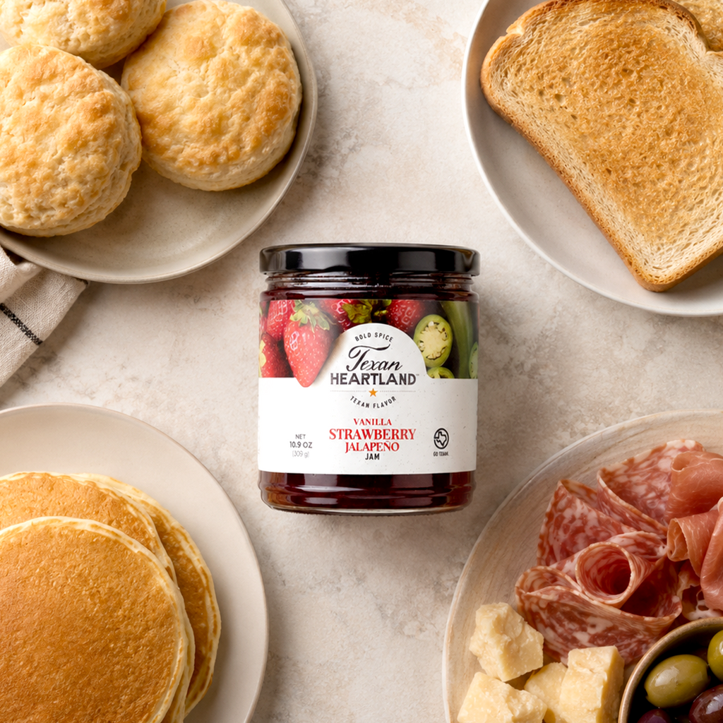 Vanilla Strawberry Jalapeño Jam with biscuits, toast, pancakes and charcuterie