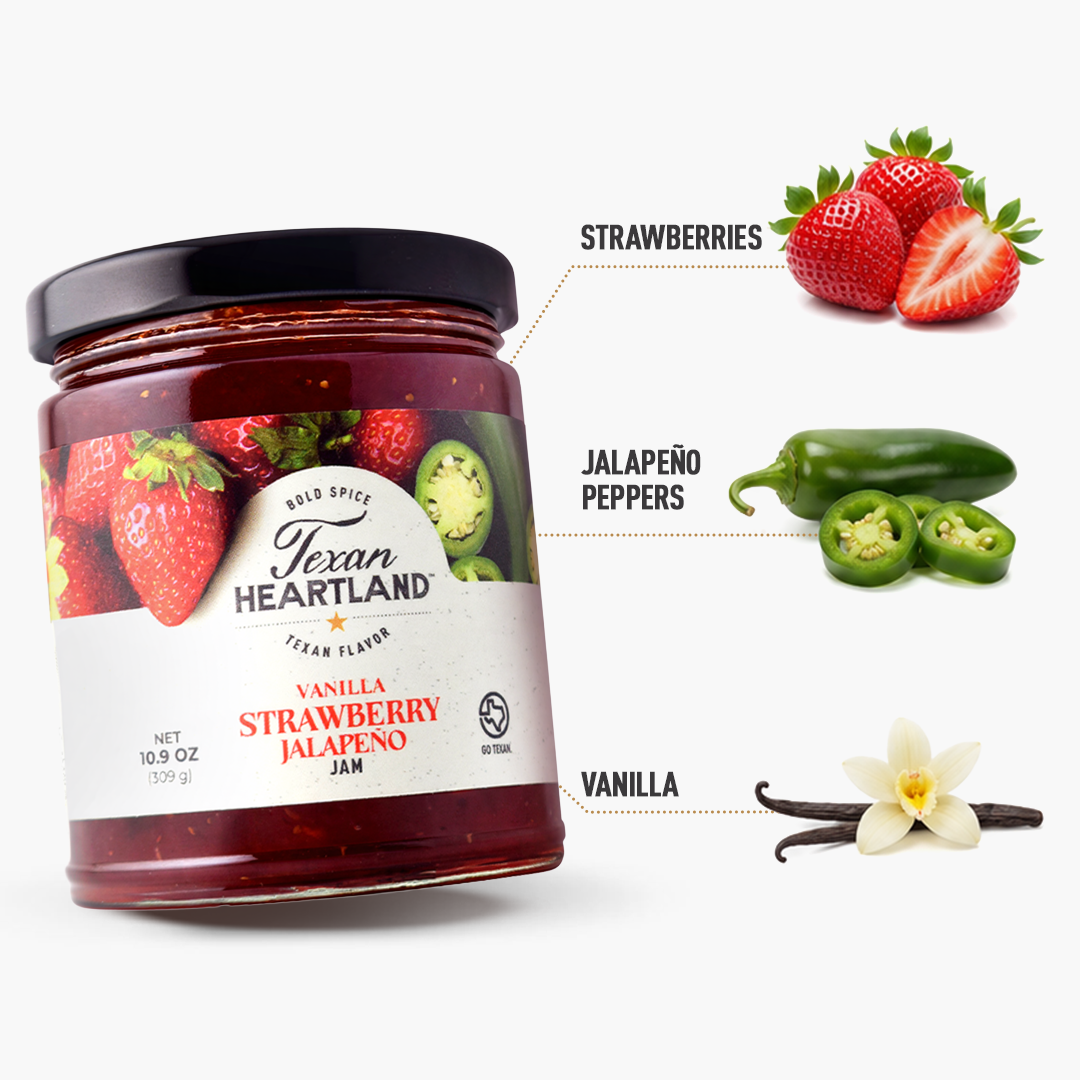 Vanilla Strawberry Jalapeño Jam ingredients with strawberries, jalapeño peppers and vanilla