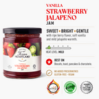 Vanilla Strawberry Jalapeño Jam flavor, mild heat, best uses, claims and awards