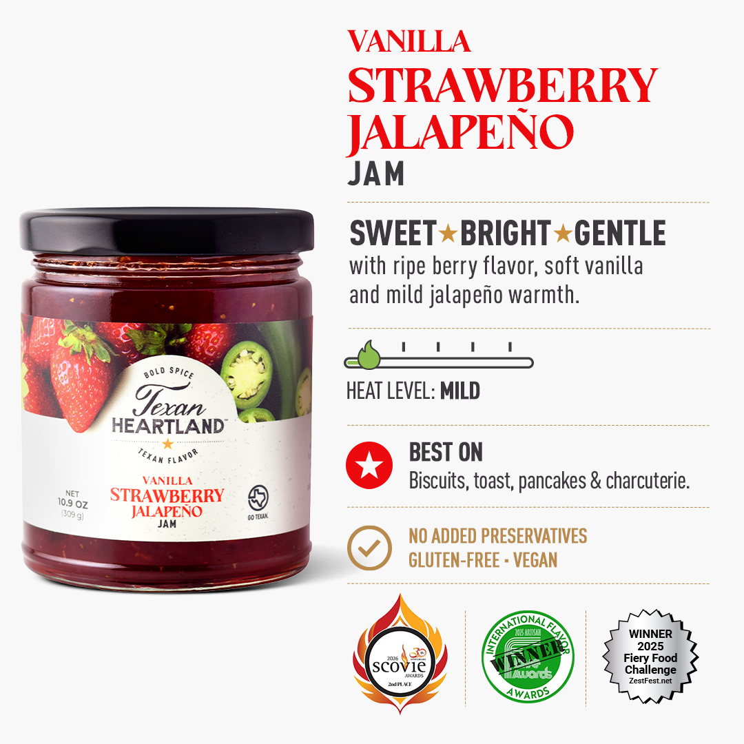 Vanilla Strawberry Jalapeño Jam flavor, mild heat, best uses, claims and awards