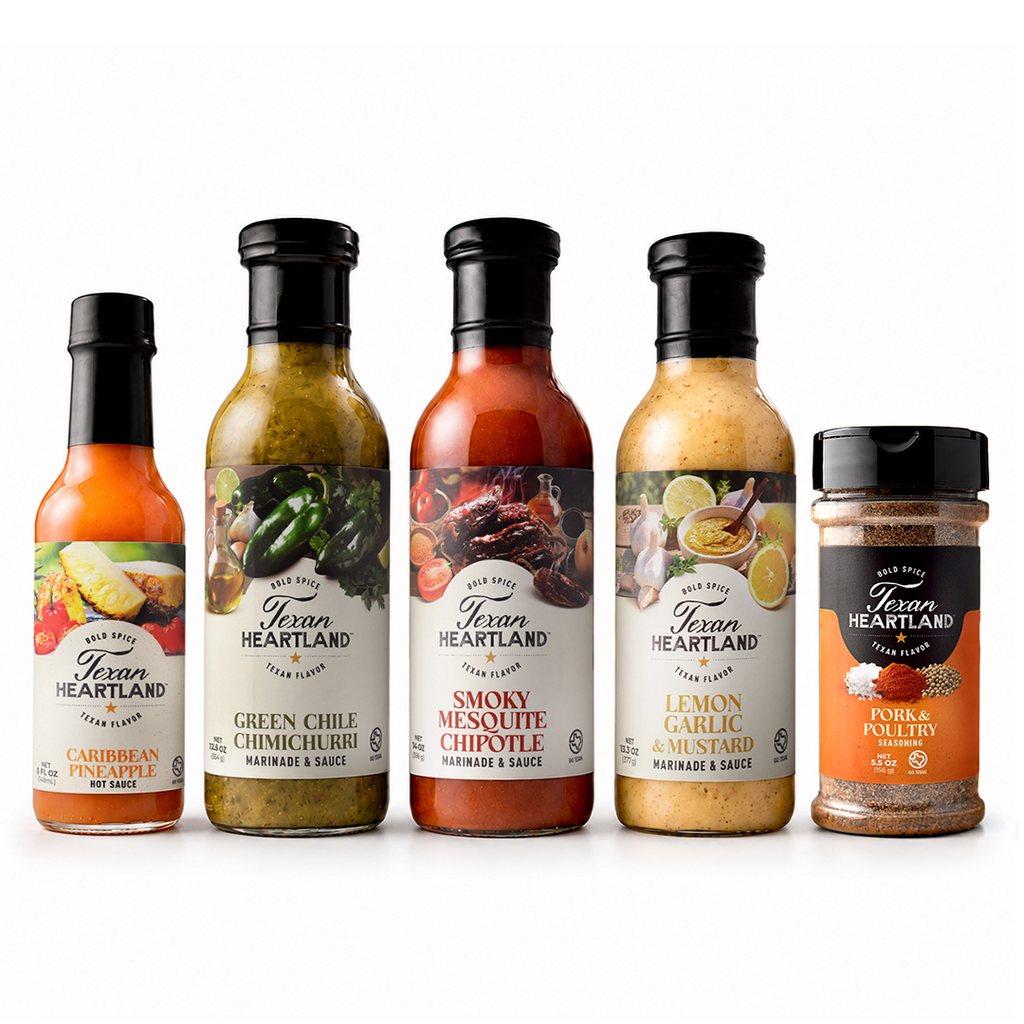 Texan Heartland Weeknight Chicken Bundle with three marinades, Caribbean Pineapple Hot Sauce and poultry seasoning