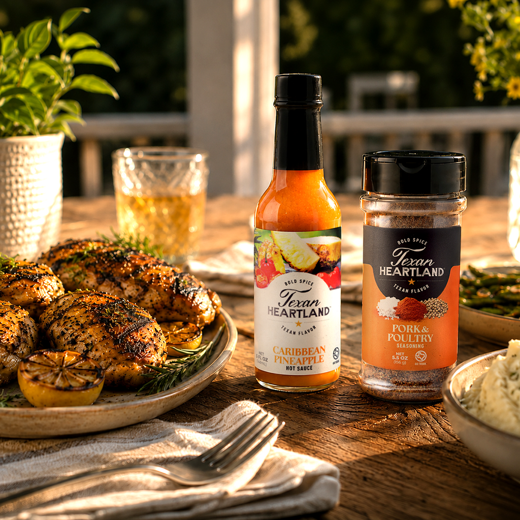 Texan Heartland Caribbean Pineapple Hot Sauce and Pork & Poultry Seasoning served with roasted chicken