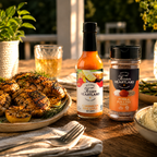 Texan Heartland Caribbean Pineapple Hot Sauce and Pork & Poultry Seasoning served with roasted chicken