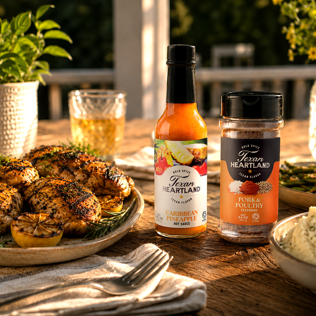 Texan Heartland Caribbean Pineapple Hot Sauce and Pork & Poultry Seasoning served with roasted chicken